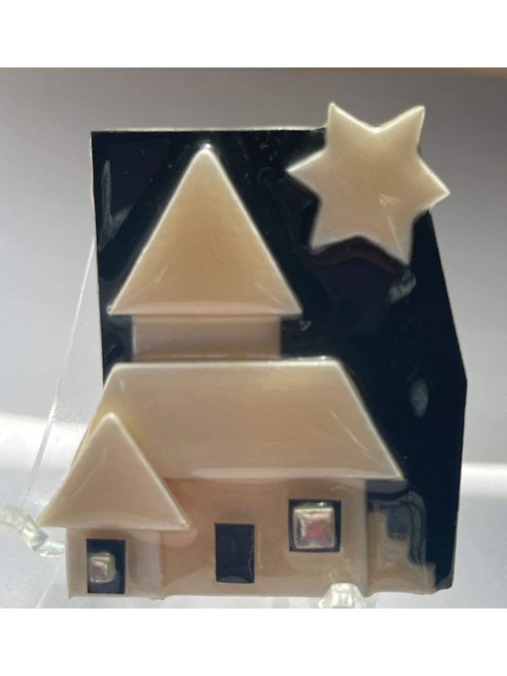 Vtg Lucinda House Pin Brooch With Star Design Handmade Mixed Materials Black & C
